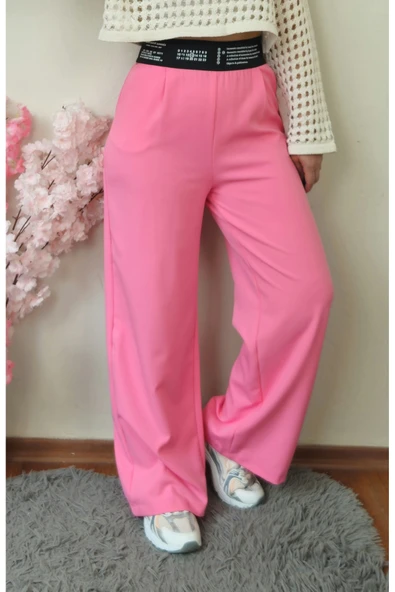 Pembe Beli Lastikli Ve Fermuarlı İthal Kumaş Palazzo Pantolon ürün görseli 1