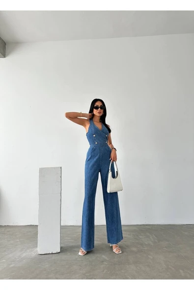 Tasarım İthal Kot Tulum Denim Jeans Tulum - Resim 3