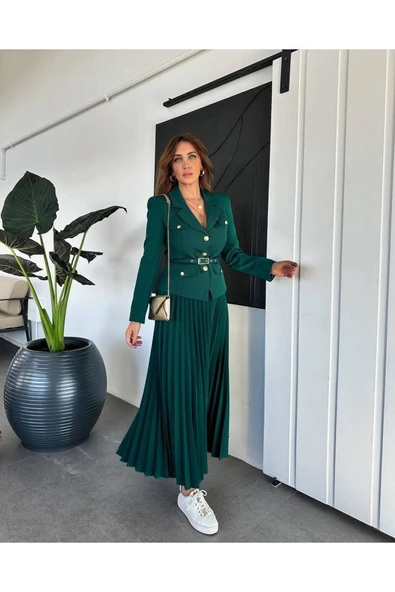 Elizabeth Gold Kemerli - Düğmeli Blazer Ceket Ve Piliseli Uzun Etek Takım ürün görseli 1