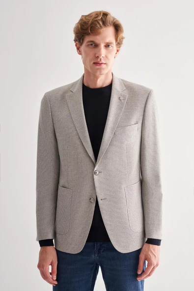 Gri Mono Yaka Desenli Örme Astarlı Çift Yırtmaç Esnek 4 Drop Comfort Fit Classic Ceket 1002255112 ürün görseli 1