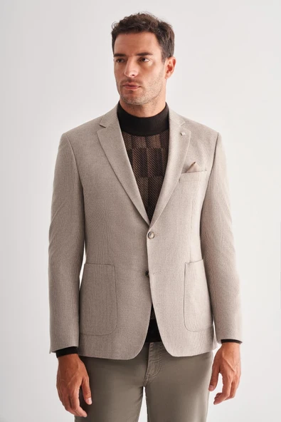 Bej Mono Yaka Desenli Örme Astarlı Çift Yırtmaç Esnek 4 Drop Comfort Fit Classic Ceket 1002255112 ürün görseli 1