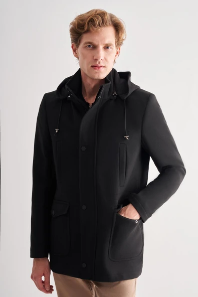 Siyah Kaşe Dik Yaka Astarlı Slim Fit Dar Kesim Klasik Kaban ürün görseli 1
