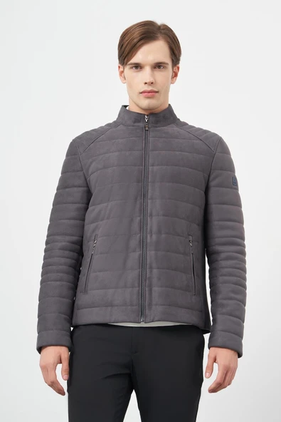 Antrasit Süet Suni Deri Hakim Yaka Düz Yırtmaçsız Tam Astar Slim Fit Casual Deri Mont 1038245150 ürün görseli 1
