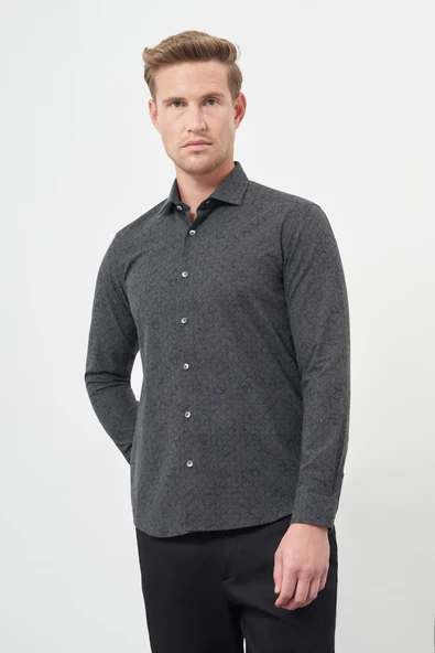 Siyah Uzun Kol Yarım İtalyan Yaka Cepsiz Pamuklu Classic Slim Fit Gömlek 1004245222 ürün görseli 1