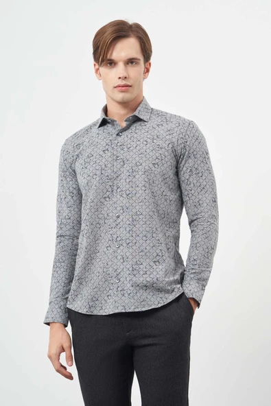 Füme Uzun Kol Yarım İtalyan Yaka Cepsiz Pamuklu Classic Slim Fit Gömlek 1004245222 ürün görseli 1