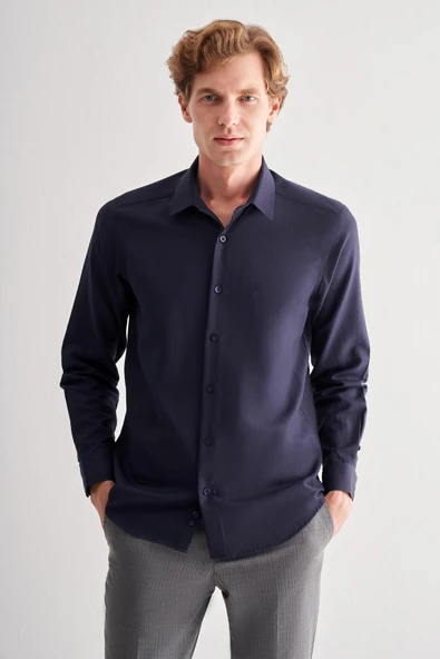 Lacivert Sert Yaka Uzun Kol Slim Fit Pamuklu Gömlek 1004255175 ürün görseli 1