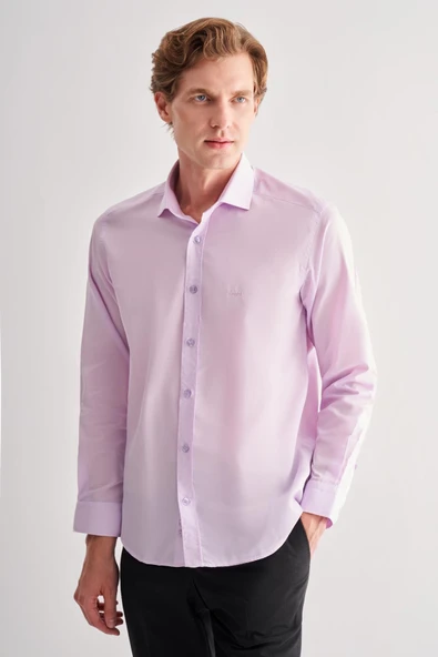 Mor Yarım İtalyan Yaka Uzun Kol Slim Fit Pamuklu Gömlek 1004255180 ürün görseli 1