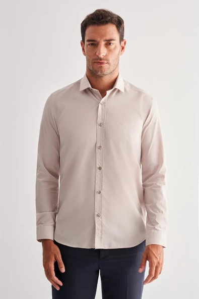 Bej Yarım İtalyan Yaka Uzun Kol Slim Fit Pamuklu Gömlek 1004255180 ürün görseli 1
