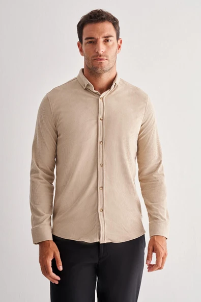 Bej Smart Düğmeli Yaka Uzun Kol Cepsiz Slim Fit Casual Gömlek 1004255168 ürün görseli 1