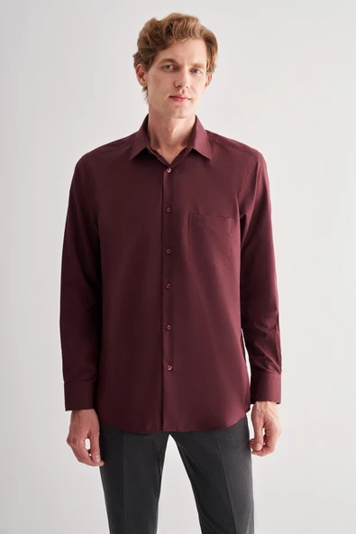 Bordo Sert Yaka Uzun Kol Easy To Iron Comfort Fit Pamuklu Gömlek 1004255182 ürün görseli 1