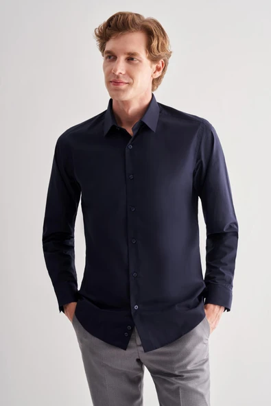 Lacivert Sert Yaka Filafil Desen Uzun Kol Slim Fit Pamuklu Gömlek 1004255181 ürün görseli 1