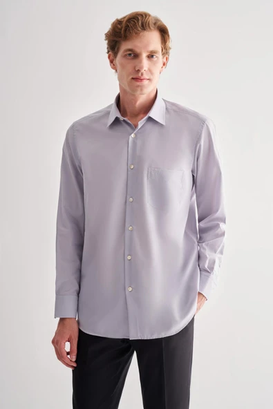 Gri Sert Yaka Uzun Kol Easy To Iron Comfort Fit Pamuklu Gömlek 1004255182 ürün görseli 1