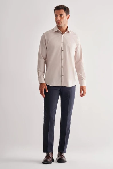 Bej Sert Yaka Uzun Kol Easy To Iron Comfort Fit Pamuklu Gömlek 1004255182 ürün görseli 1