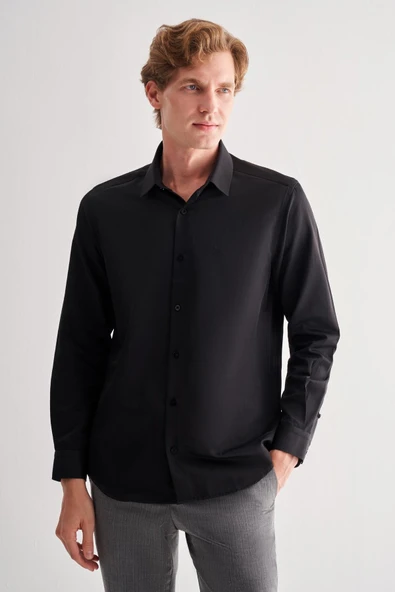Siyah Sert Yaka Uzun Kol Slim Fit Pamuklu Gömlek 1004255175 ürün görseli 1