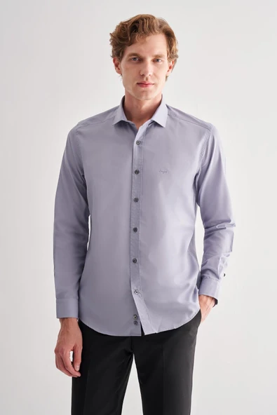 Gri Yarım İtalyan Yaka Uzun Kol Slim Fit Pamuklu Gömlek 1004255180 ürün görseli 1
