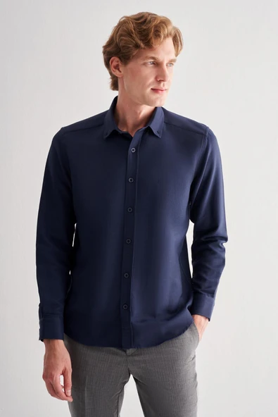 Lacivert Perfetto Düğmeli Yaka Uzun Kol Cepsiz Slim Fit Cls Gömlek 1004255173 ürün görseli 1