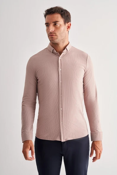 Kahverengi Smart Düğmeli Yaka Uzun Kol Cepsiz Slim Fit Casual Gömlek 1004255165 ürün görseli 1
