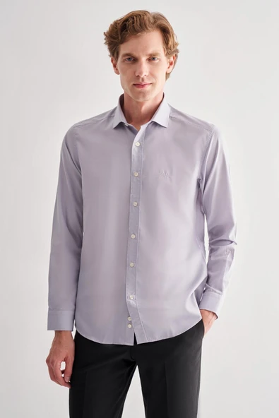Gri Yarım İtalyan Yaka Uzun Kol Slim Fit Pamuklu Gömlek 1004255180 ürün görseli 1
