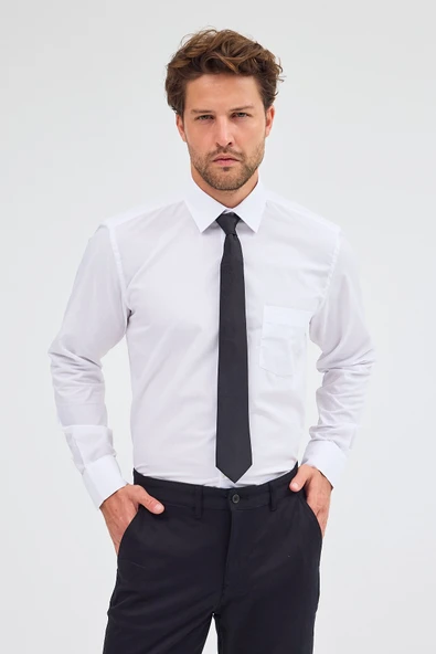 Beyaz Sert Yaka Uzun Kol Easy To Iron Comfort Fit Pamuklu Gömlek 1004255300 ürün görseli 1
