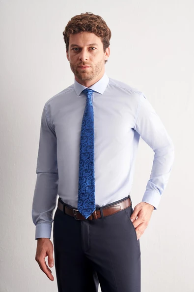 Mavi Yarım İtalyan Yaka Uzun Kol Easy To Iron Slim Fit Pamuklu Gömlek 1004255301 ürün görseli 1