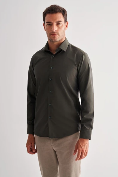 Haki Sert Yaka Filafil Desen Uzun Kol Slim Fit Pamuklu Gömlek 1004255181 ürün görseli 1