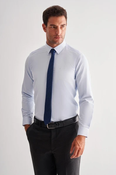 Mavi Sert Yaka Uzun Kol Slim Fit Pamuklu Gömlek 1004255175 ürün görseli 1