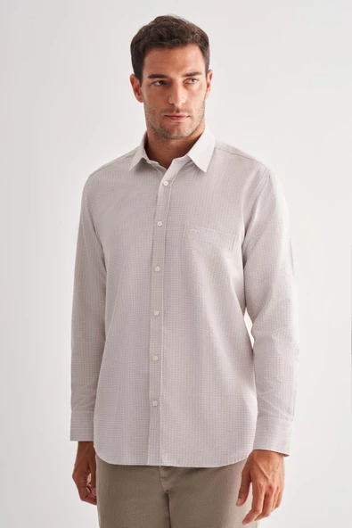 Bej Sert Yaka Uzun Kol Cepli Comfort Fit Classic Gömlek 1004255163 ürün görseli 1
