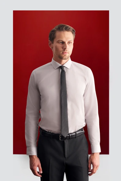 Taş Rengi Yarım İtalyan Yaka Uzun Kol Easy To Iron Slim Fit Pamuklu Gömlek 1004255301 ürün görseli 1
