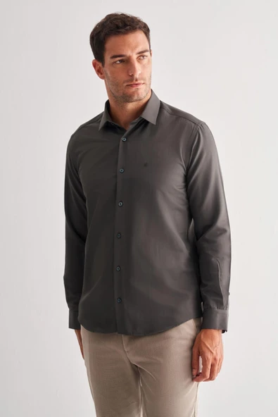Haki Sert Yaka Uzun Kol Slim Fit Pamuklu Gömlek 1004255175 ürün görseli 1