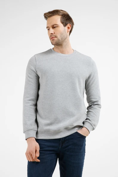 Gri Uzun Kol Bisiklet Yaka Düz Pamuklu Comfort Fit Sweatshirt 1013255150 ürün görseli 1