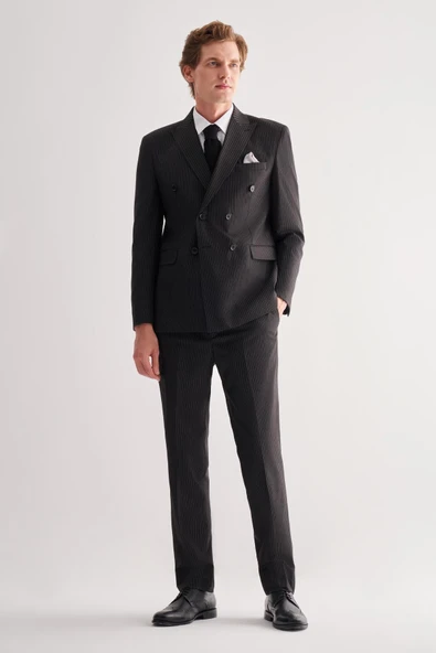 Siyah Kırlangıç Yaka Çizgili Kruvaze 6 Drop Slim Fit Tam Astar Esnek Takım Elbise 1001255152 ürün görseli 1