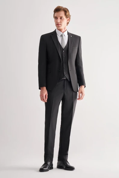 Siyah Mono Yaka Çizgili Yelekli 6 Drop Slim Fit Tam Astar Esnek Takım Elbise 1001255151 ürün görseli 1
