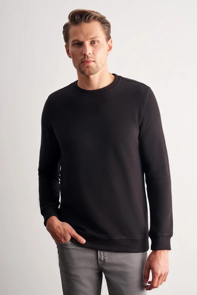 Siyah Uzun Kol Bisiklet Yaka Düz Pamuklu Comfort Fit Sweatshirt 1013255150 ürün görseli 1