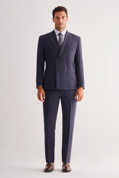 Lacivert Kırlangıç Yaka Çizgili Kruvaze 6 Drop Slim Fit Tam Astar Esnek Takım Elbise 1001255155 ürün görseli 1