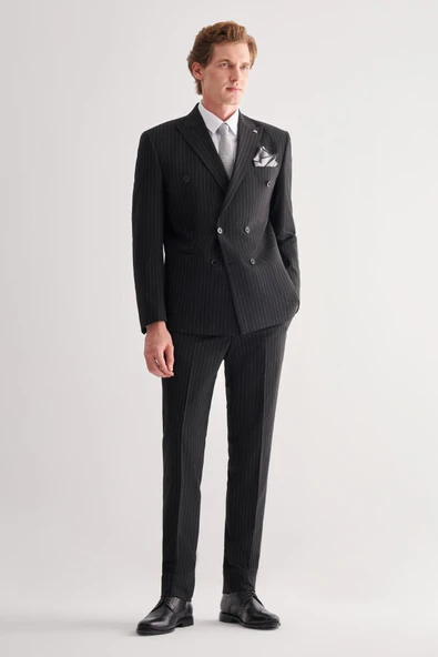 Siyah Kırlangıç Yaka Çizgili Kruvaze 6 Drop Slim Fit Tam Astar Esnek Takım Elbise 1001255154 ürün görseli 1