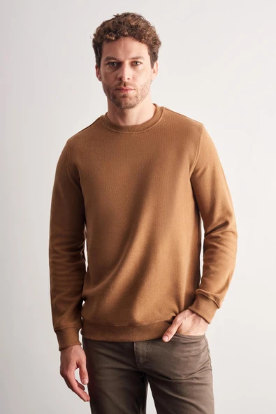 Kahverengi Uzun Kol Bisiklet Yaka Düz Pamuklu Comfort Fit Sweatshirt 1013255150 ürün görseli 1
