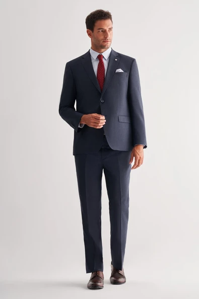 Lacivert Mono Yaka Çizgili 4 Drop Comfort Fit Tam Astar Esnek Takım Elbise 1001255121 ürün görseli 1