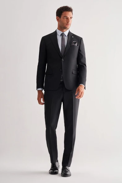 Siyah Kırlangıç Yaka Çizgili 6 Drop Slim Fit Tam Astar Esnek Takım Elbise 1001255156 ürün görseli 1