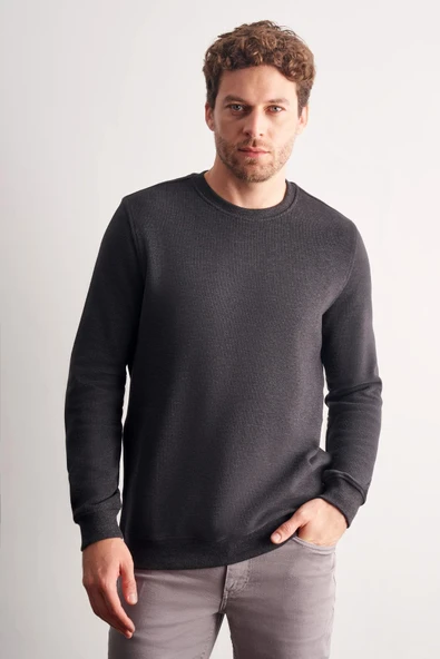 Füme Uzun Kol Bisiklet Yaka Düz Pamuklu Comfort Fit Sweatshirt 1013255150 ürün görseli 1