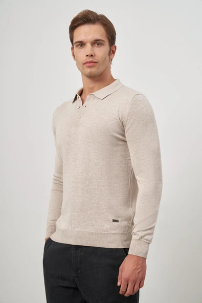 Açık Bej Uzun Kol Düz Örme Polo Yaka Classic Comfort Fit Triko 1012245007 ürün görseli 1