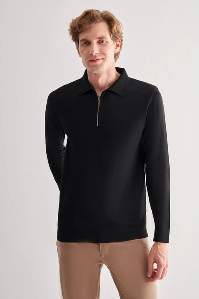 Siyah Uzun Kol Fermuarlı Yaka Cepsiz  Slim Fit  Triko 1012255150 ürün görseli 1
