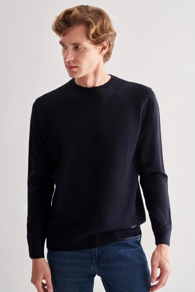 Lacivert Bisiklet Yaka Uzun Kol Cepsiz Comfort Fit Classic Yünlü Triko Kazak 1012255207 ürün görseli 1