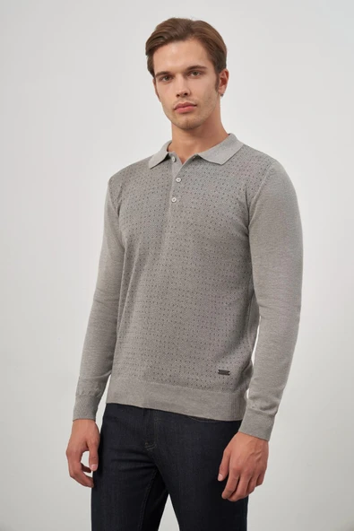 Taş Rengi Uzun Kol Kendinden Desenli Örme Polo Yaka Classic Comfort Fit Triko 1012245162 ürün görseli 1