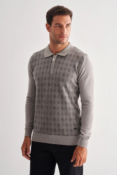 Gri Fermuarlı Polo Yaka Uzun Kol Cepsiz Comfort Fit Pamuklu Triko Kazak 1012255223 ürün görseli 1