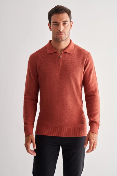 Kırmızı Fermuarlı Polo Yaka Uzun Kol Cepsiz Comfort Fit Casual Pamuklu Triko Kazak 1012255202 ürün görseli 1