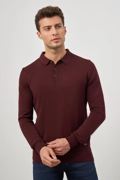 Bordo Uzun Kol Düz Örme Polo Yaka Classic Comfort Fit Triko 1012245007 ürün görseli 1