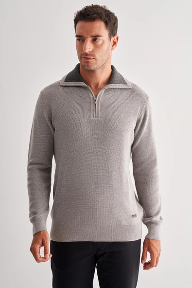 Gri Fermuarlı Yarım Balıkçı Uzun Kol Cepsiz Comfort Fit Casual Pamuklu Triko Kazak 1012255204 ürün görseli 1