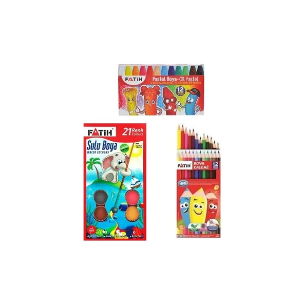 Fatih Boya Kalemi Seti ( 12 Renk Kuru Boya + 12 Renk Pastel Boya + 21 Renk Sulu Boya ) ürün görseli 1