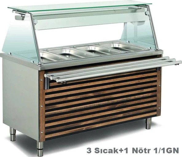 Empero EMP.BEN.31 Sıcak Servis Ünitesi Üst Raflı Sürgü Standlı 1500x730x850/1350 (3 Sıcak+1 Nötr) ürün görseli 1