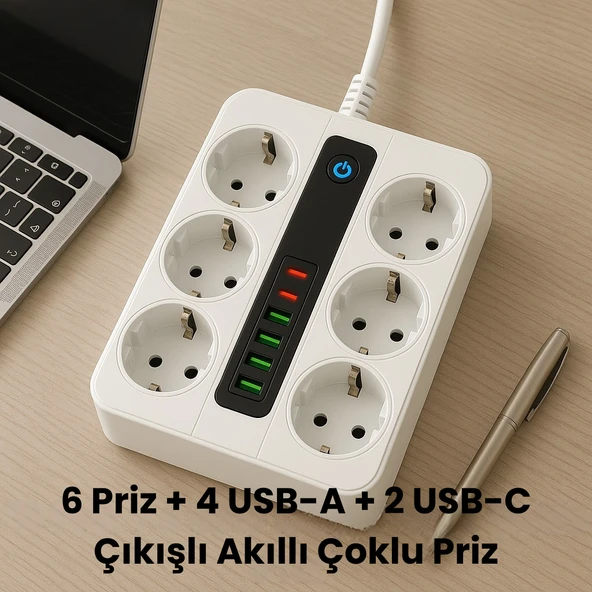 6’lı Priz + 4 USB Çıkışlı Akıllı Çoklu Grup Priz  Anahtarlı ve Güvenli Uzatma Kablosu ürün görseli 1